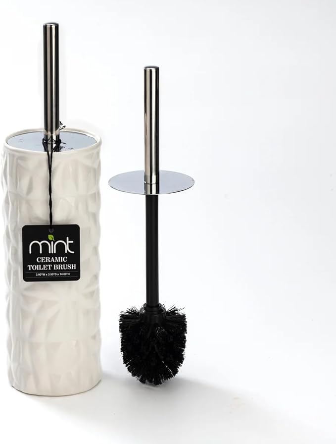 J&ampV TEXTILES Ceramic Toilet Brush Toilet Bowl Brush with Extra Long Handle Durable Bristles Toilet Scrubber and Covered Holder for Toilet Brush Set for Bathroom Cleaning (Chrome/White)