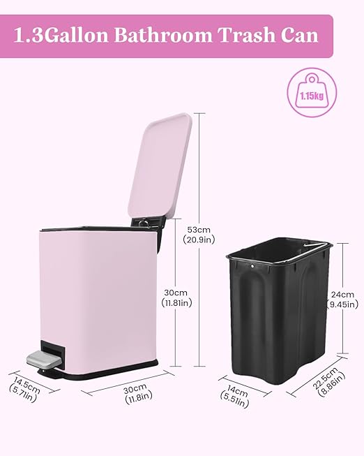 1.3 Gallon Trash Can with Removable Inner Bucket Pink Trash Can with Soft Close lid Stainless Steel Step Pedal Garbage Can for Bathroom Living Room