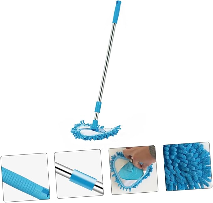 1pc Lightweight Rotatable Triangular Mop Telescopic Household Cleaning Tool for Hard Floors Swivel for Bathtubs Toilets Mirrors and Corners Blue