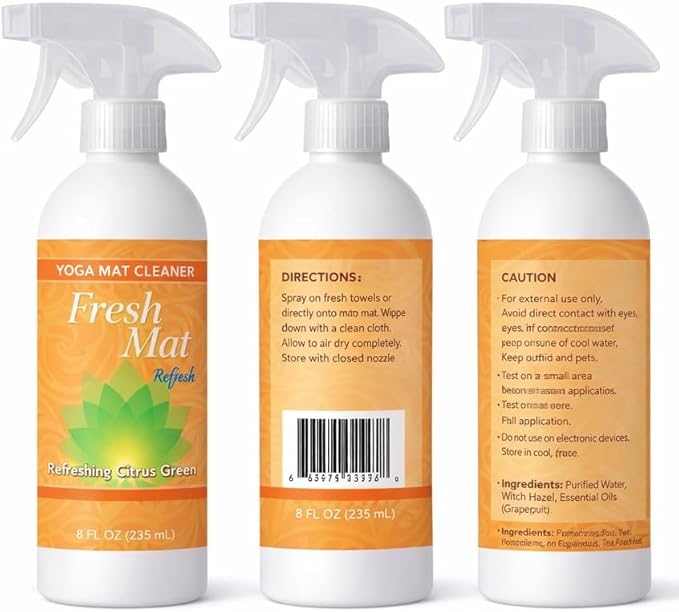 Fresh Mat Yoga Mat Cleaner Spray - Natural Deodorizing Cleaner for Yoga Mats &amp Fitness Equipment - No-Rinse Residue-Free Formula with Witch Hazel &amp Essential Oil Refreshing Citrus Ginger (24