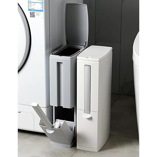 Slim Bathroom Trash Cans with Lid 4.4 Inches Wide/0.7 Gallon(3 Liters) Small Narrow Lidded Bathroom Trash Can with Toilet Brush for RV Camper Tiny Garbage Can RV Accessories for Inside(Grey)