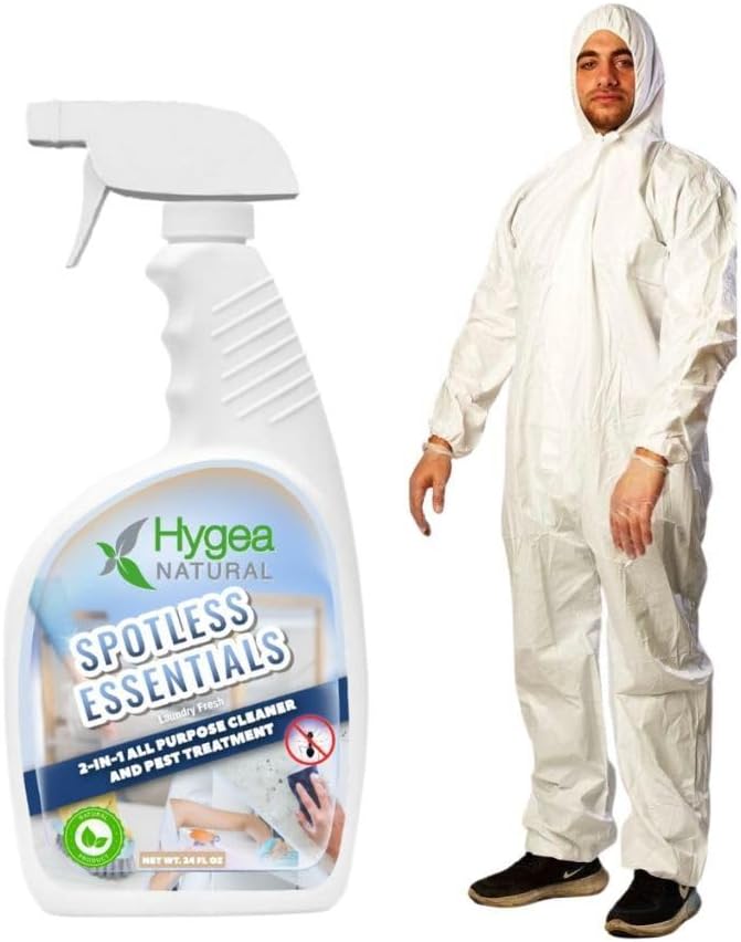 Hygea Natural Spotless Essentials 2-in-1 Lice Spray treatment &amp All purpose cleaner Laundry Fresh Scent 24oz + Disposable Coveralls to protect clothing (2X-Large) Bundle