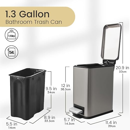 5 Liter / 1.3 Gallon Trash Can with Removable Liner Soft Close lid &amp Step Pedal Stainless Steel Trash Bin for BathroomBedroomHome OfficeGrey
