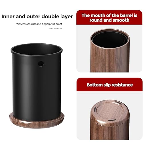 8L/2.1GAL Dark Brown Modern Metal Waste Bin with Realistic Wood TextureBuilt-in Bag HolderOffice Trash CanOpen-Top Trash Binfor BathroomHomeOfficeLiving Room (2.1gal Round)