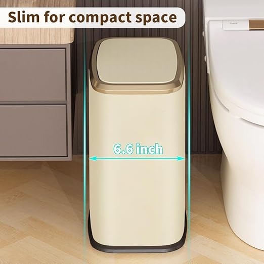 2 Gallon Small Office Bathroom Trash Can with Swing LidLiving Room Bedroom Garbage can Wastebasket binInner BucketMetal Decor Trash Can (Cream White)