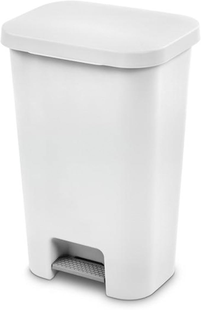 Sterilite 11.9 Gallon Rectangular Step On Kitchen Plastic Indoor Wastebasket with Wide Opening Lid and Comfort Handle for Home White (12 Pack)