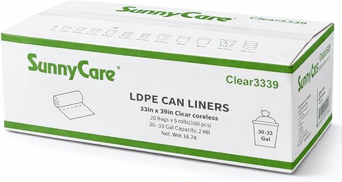 SunnyCare LDPE Can Liners 33 x 39 Inches 30-33 Gallon Clear Coreless Trash Bags 0.96 Mil