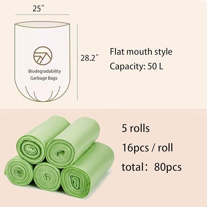 Compostable Trash Bags 13 Gallon Green Compst Trash Bags for Home and Kitchen 50L Capacity 5 Pack 80 Counts