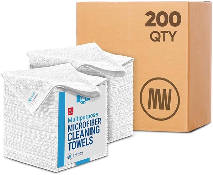 Microfiber Wholesale Bulk 16 x 16 All Purpose Towels Case Quantity (200 Count) | Large | No Fraying | High Density Microfiber | Zero Chemical Cleaner | Long-Lasting (White)