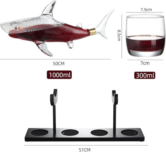 Wine Decanters 1000ml Sharks Whiskey Decanter Set with 4 Glasses &amp Wood Stand Glass Liquor Decanter For Whiskey Scotch Bourbon Vodka (Decanter Set)
