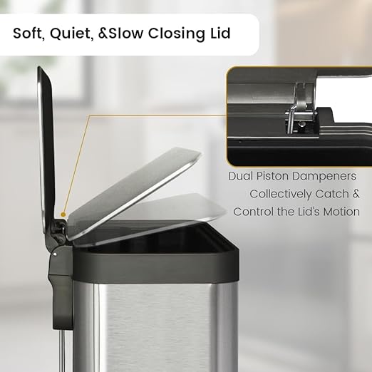13 Gallon Stainless Steel Trash Can with Removable Inner Bucket Soft Close &amp Stay Open Lid Step-on Pedal – Modern Kitchen Garbage Can for Home Office or Commercial Use