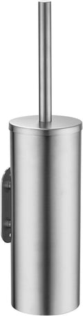 Brushed Stainless Steel Toilet Brush and Cover No-Punch Hook Base Dual Purpose Toilet Brush Holder with Removable Inner Bucket and Splash Cover - Soft Bristles (Brushed)