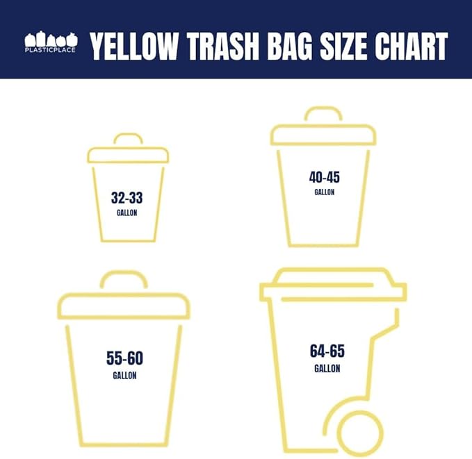Plasticplace 55-60 Gallon Trash Bags │ 1.5 Mil │ Yellow Heavy Duty Garbage Can Liners │ 38” x 58” (100 Count)