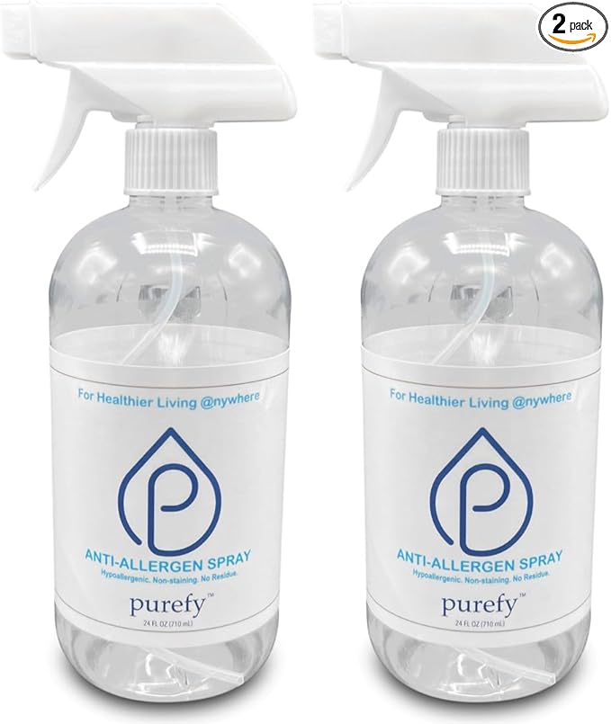 PUREFY Anti-Allergen Spray (24oz 2pk) Eliminate matters. Odor eliminators. Unscented. No residue. Safe for babies and pets. Spray for Healtheir Life.