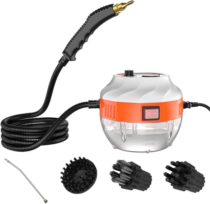 Handheld Steam Cleaner 2500W High Pressure Steamer with 3 Brush Heads for Cleaning Upholstery Kitchen Bathroom Grout &amp TileWhite