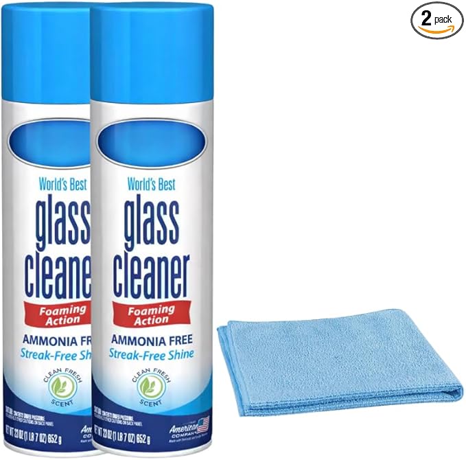 Glass Cleaner Foam - Foaming Action &amp Spray 23 oz - 2 Pack - Clean Fresh Scent - Bundled With 1 Microfiber Cloth towel