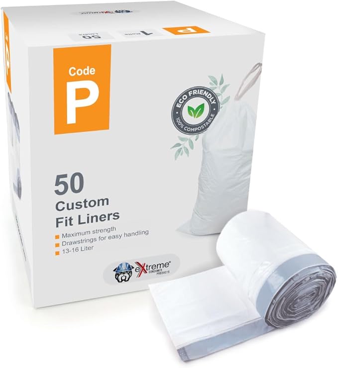 Compatible With Code P - Durable Custom Fit Plastic White Trash Bags w/Drawstring 50-60 Liter/ 13-16 Gallon Trash Cans - 1 Refill Rolls (50 Count) -Heavy Duty Kitchen Garbage Bags