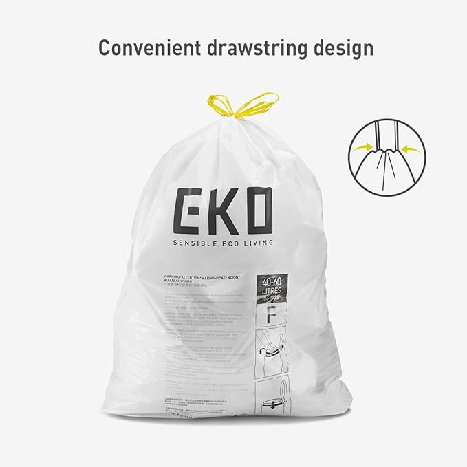 EKO 13 Gallon / 40-60 LiterDrawstring Trash BagsExtra-Strong Unscented Garbage BagsEasy-Dispense Roll for Kitchen &amp Household UseLeak-ResistantCode FWhite60 Count (Pack of 6)