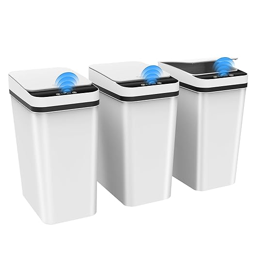 3 Pack Automatic Small Bathroom Trash Can with Lid - 2.5 Gallon Touchless Garbage Can Motion Sensor Smart Trash Bin Slim Dog Proof Trashcan Waterproof Wastebasket for Bedroom Office Kitchen (White)