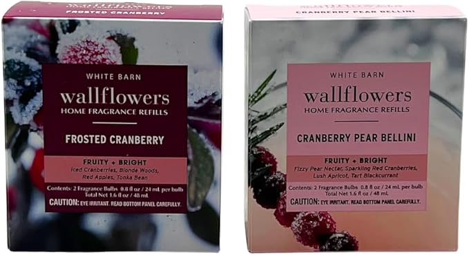 Bath &amp Body Works FROSTED CRANBERRY &amp CRANBERRY PEAR BELLINI Wallflowers Home Fragrance Refill 2pc bundle Gift Set with 30-Inch Red &amp White Candy Cane-Striped Holiday Ribbon Bow – Winter S