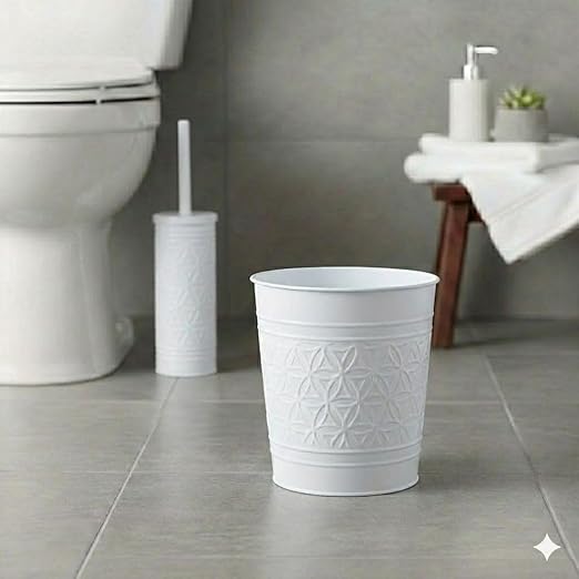 Autumn Alley Handcrafted White Bathroom Trash Can Round Open-Top Bathroom Wastebasket Stylish Metal Waste Bin for Home Office Bedroom Decorative Waste Basket Decor Coastal Trash Can White 2 Gal.