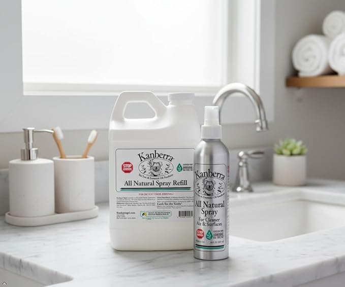 Kanberra Spray Refill - 64 oz. - All-Natural Odor Eliminator &amp Air Freshener for Home Car RV Boat Gym Bag | Eco-Friendly Long-Lasting Tea Tree Oil Formula Safe for Pets and Family.
