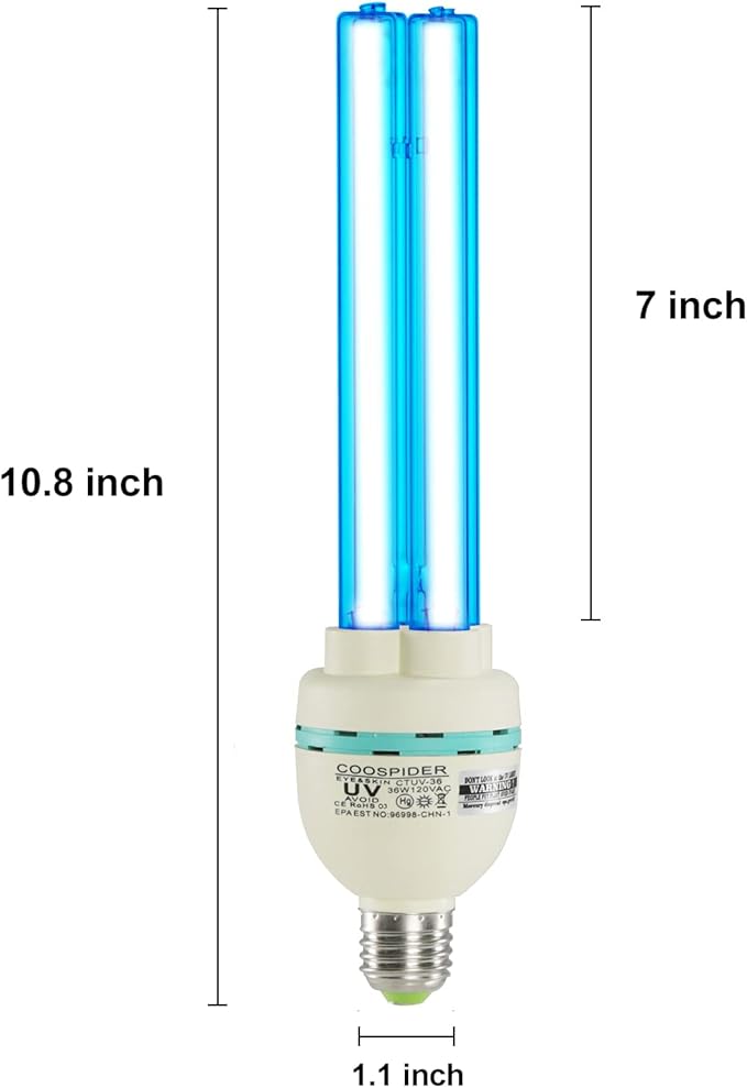 36 Watts Ozone UVC Light Bulb 185nm wavelength UV Lamp for Basement/Storehouse/Car E26 110V CTUV-36 (with Ozone)