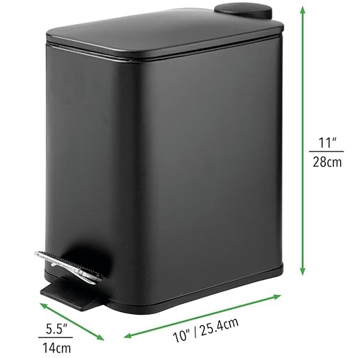 mDesign Slim Metal Rectangle 1.3 Gallon/5 Liter Trash Can with Step Pedal Easy-Close Lid Removable Liner - Narrow Wastebasket Garbage Container Bin for Bathroom Bedroom Kitchen - Black