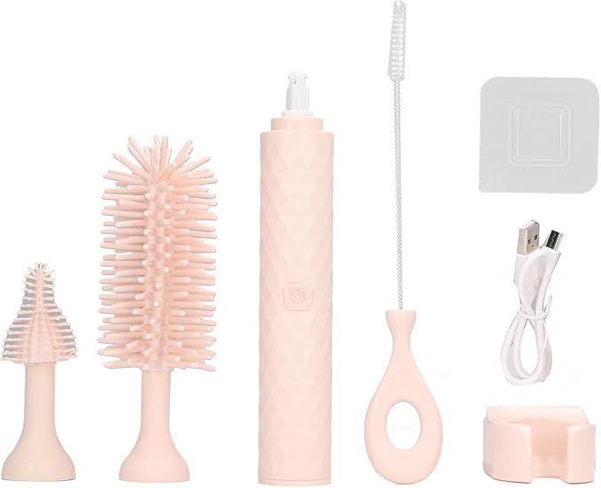 Baby Bottle Cleaning Brush Set Silicone Rotating Bristles Straw Brush 2 Speeds Baby Bottle Brush Cleaner Safe Electric Efficient for Home (Pink)
