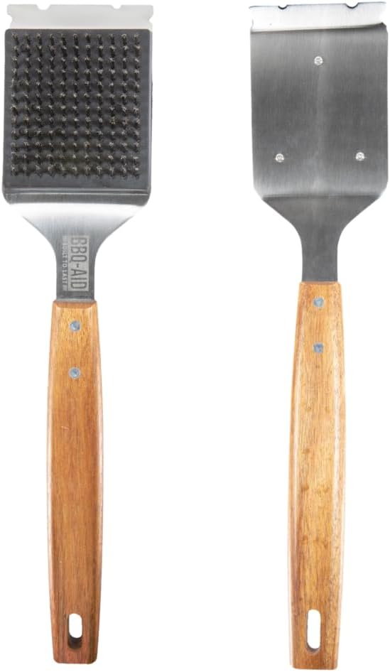 BBQ-Aid Grill Brush and Scraper for Barbecue – Grill Brush for Outdoor Grill with Extended Large Wooden Handle and Replaceable Stainless Steel Bristles Head –No Scratch- BBQ Grill Brush for Any Grill