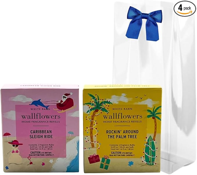 Bath &amp Body Works Wallflowers Refills Christmas Scents 4-Bulb Bundle – Holiday Tropical &amp Coastal Collection 2-Pack Gift Set with a Blue Bow (Caribbean Sleigh Ride + Rockin’ Around The Palm Tr
