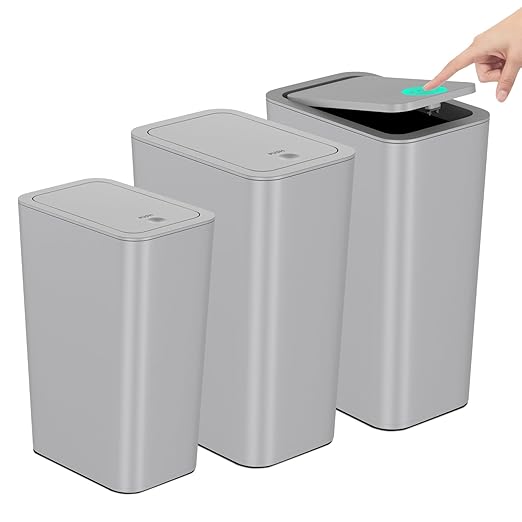 N. NETDOT Bathroom Trash Can with Lid 3 Pack Set 2 Packs 4 Gal Slim Kitchen Trash Can and 1 Pack 2.6Gal Garbage Can Small Trash Bin/Waste Basket for Bedroom (Grey Pack of 3)