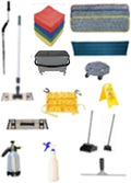 MicroClean Industrial Starter Kit Complete Cleaning System with 300 GSM or 470 GSM Microfiber Includes Caddy Bag Spray Bottles Squeegee Wet Floor Signs Broom and Dust Pan