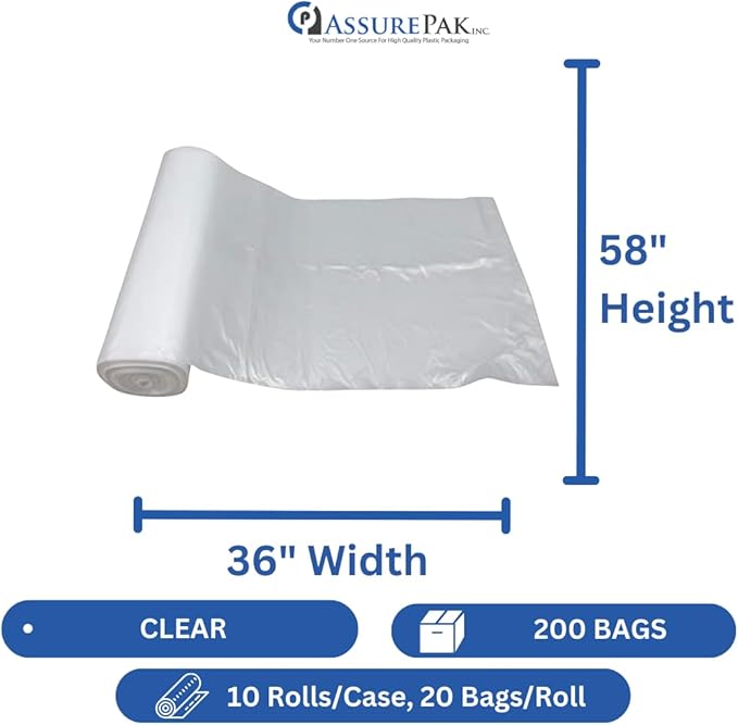 ASSUREPAK Clear (Natural Color) HDPE Coreless Trash Liners - 36x58 - 200 Bags - 13 microns - Clear - TL365813MWF - AssurePak