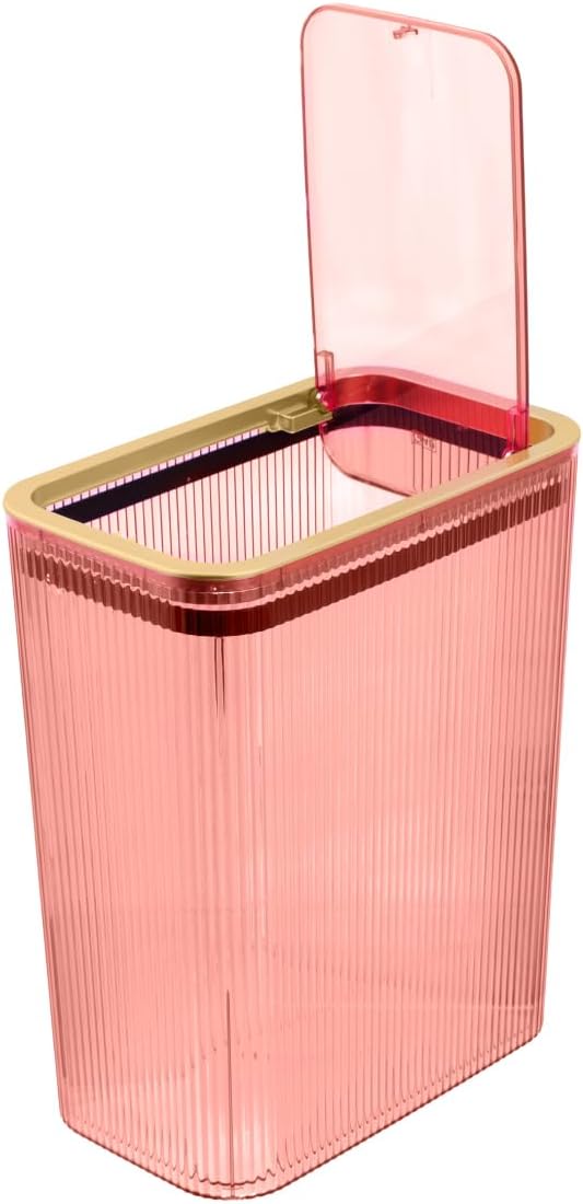 Glad Bathroom Trash Can 2.6 Gallon (10L) - Slim Plastic Waste Basket with Pop-Up Lid and Bag Ring - Colored Clear Trash Can for Bedroom Office College Dorm - Blush