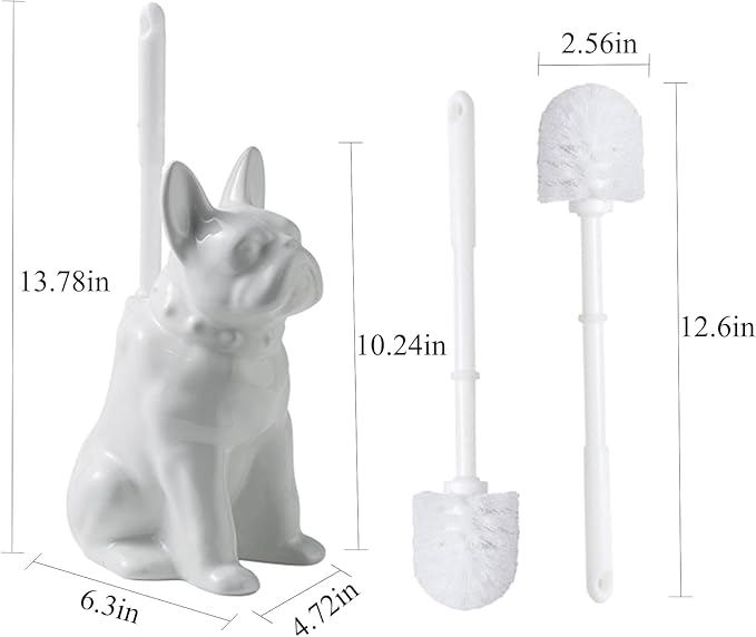 2026 Ceramic Dog Toilet Brush Holder Set French Bulldog Design with 2PCS Durable Plastic Brush Modern Bathroom Accessories (White)