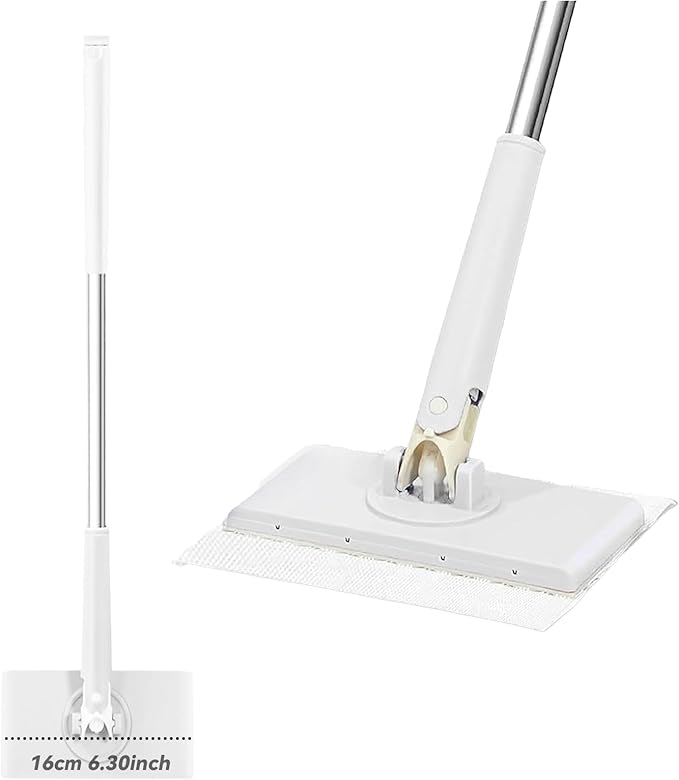 Zero Touch Mini Mop Automatic Cloth Changing Mini Mop Snap Grip MiniMop Convenient Cloth Changing MiniMop with 5 Reusable Cloths Portable Push-Pull Handle for Bathroom Kitchen (White)