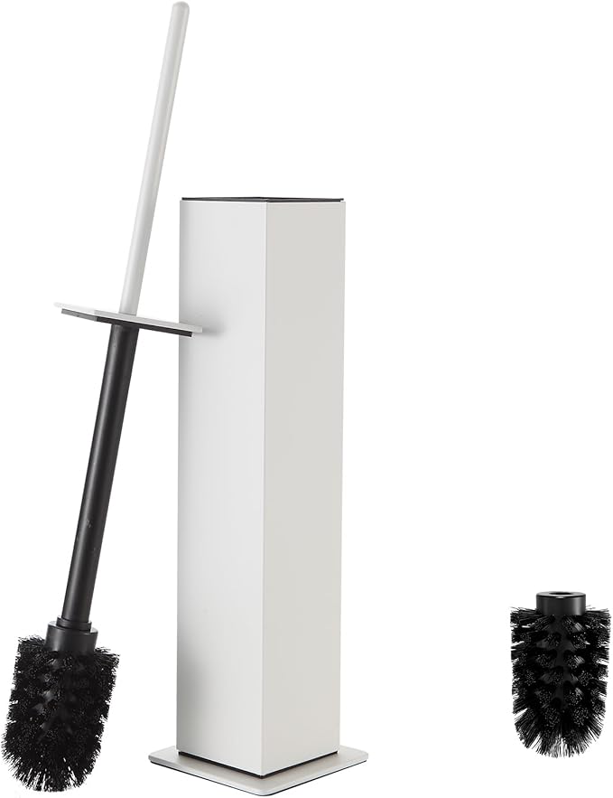 Toilet Brush and Holder Floor Standing White with 2 Replaceable Heads Bathroom Toilet Brush Freestanding Toilet Bowl Brush with Removable Liner and Splash Guard Modern Square Design