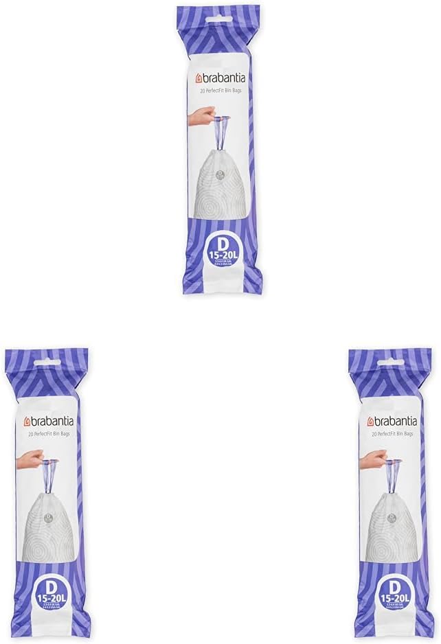 Brabantia PerfectFit Trash Bags (Size D / 4-5.3 Gal) Thick Plastic Trash Can Liners with Drawstring Handles (20 Bags) (Pack of 3)