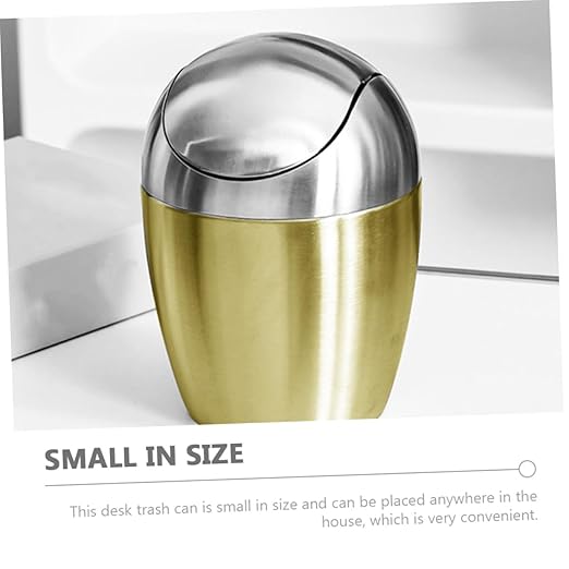 Cabilock Portable Mini Desk Trash Can with Lid Gold Countertop Garbage Bin for Office and Bedroom Sturdy Household Tabletop Wastebasket Decorative Small Desktop Storage Bucket