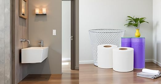 (1) White Waste Basket 9in Mesh Trash Round Garbage Can Bin (2) Toilet Paper Rolls w/ (2) Purple Trash Bags Wastebasket Home Office Bedroom Bathroom Kitchen Workspace Compact
