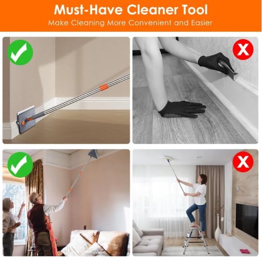 2 in 1 Baseboard Cleaner Mop with Squeegee Extendable Long Handle 8 Reusable Fiber Flannel Chenille Mop Pads 360° Rotatable Convex Design for Wall Ceiling Window