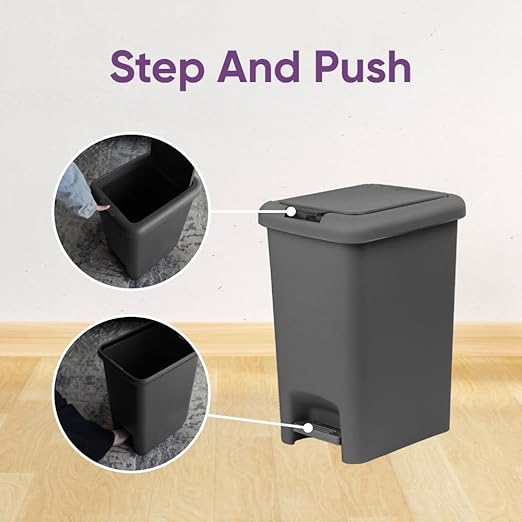 Superio 6.5L Slim Step &amp Push Trash Can - Dual Opening Smooth Matte Finish Durable Plastic (9.5x7x11.5) - Gray