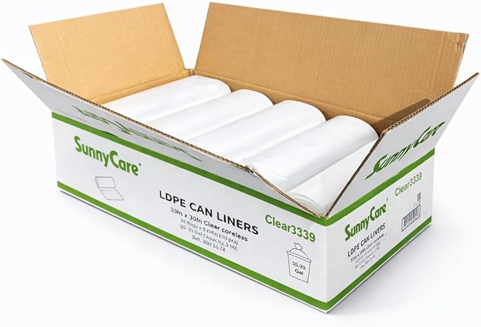 SunnyCare LDPE Can Liners 33 x 39 Inches 30-33 Gallon Clear Coreless Trash Bags 0.96 Mil
