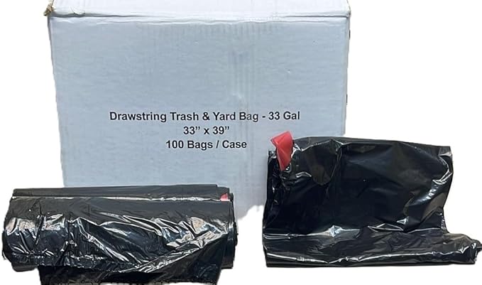 Drawstring Trash Bags 33 Gallon 33 x 39 Inches 100 Count Black