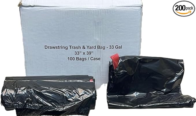 Drawstring Trash Bags 33 Gallon 33 x 39 Inches 100 Count Black