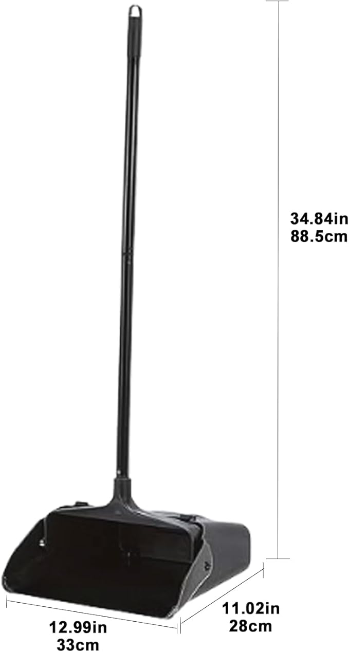 Pivoting Upright Dust Pan with Long Handle and Wheels Large Capacity Heavy Duty Commercial Dustpan for Indoor Outdoor Standing Dust Pan for Home and Restaurant Cleaning Black
