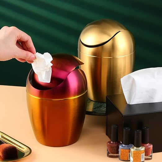 Mini Desktop Trash Can with Swing Lid 18/10 Stainless Steel Counter Top Garbage Bin Egg Shaped Metal Waste Bin (Orange Red 0.4 Gallon)