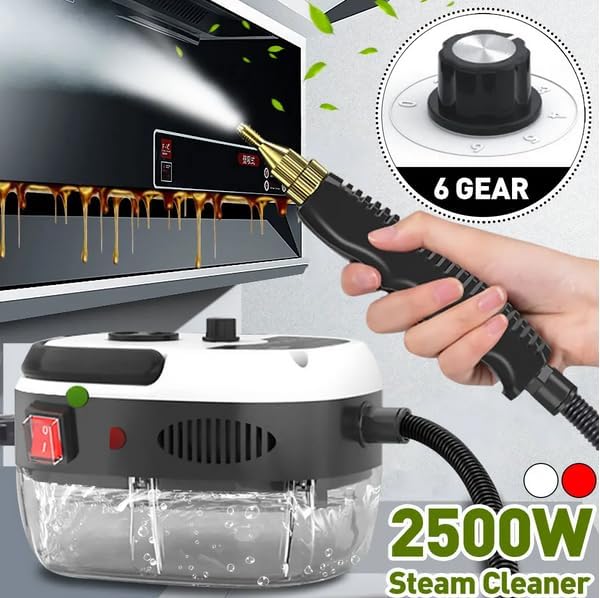 2500W High-Pressure Handheld Steam Cleaner – 1.5L Portable Steamer for Car Detailing Floors Kitchen Bathroom with 3 Attachments (02-White)