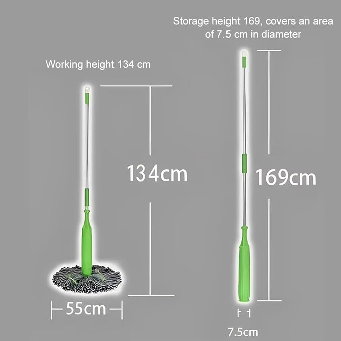 Spin Mop with Self-Wringing System 360° Swivel Stainless Steel Handle &amp Ultra-Absorbent Bamboo Fiber Mop Head No Wash Lazy Mops Wet and Dry - Lightweight &amp Compact (1 mop + 2 Heads)